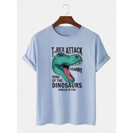 Mens Cartoon Dinosaur Letter Print O-Neck 100% Cotton Short Sleeve T-Shirts