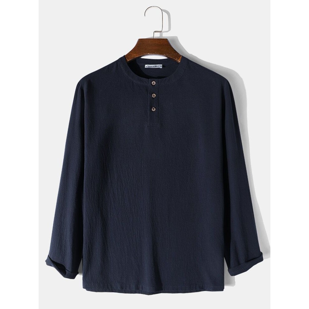 Mens Solid Color Texture Button Design Cotton Long Sleeve T-Shirts Mens Solid Color Texture Button Design Cotton Long Sleeve T-Shirts