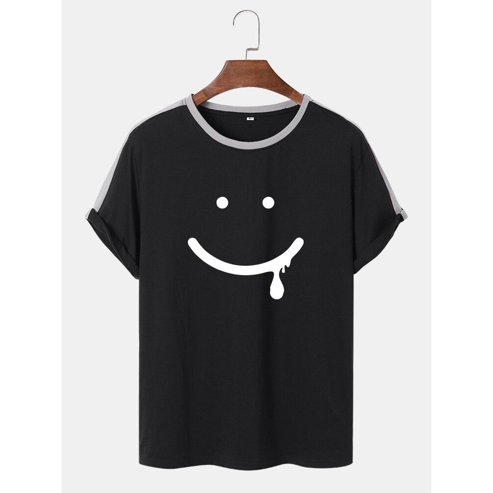 Mens Smile Face Print Side Stripe Street Short Sleeve T-Shirts Mens Smile Face Print Side Stripe Street Short Sleeve T-Shirts