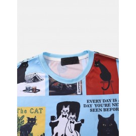 Mens Cat Figure Graphics Crew Neck Short Sleeve T-Shirts