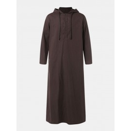 Men Cotton Middle Robe Solid Long Sleeve Hooded T-Shirt