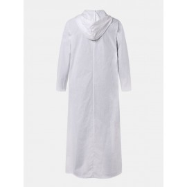 Men Cotton Middle Robe Solid Long Sleeve Hooded T-Shirt