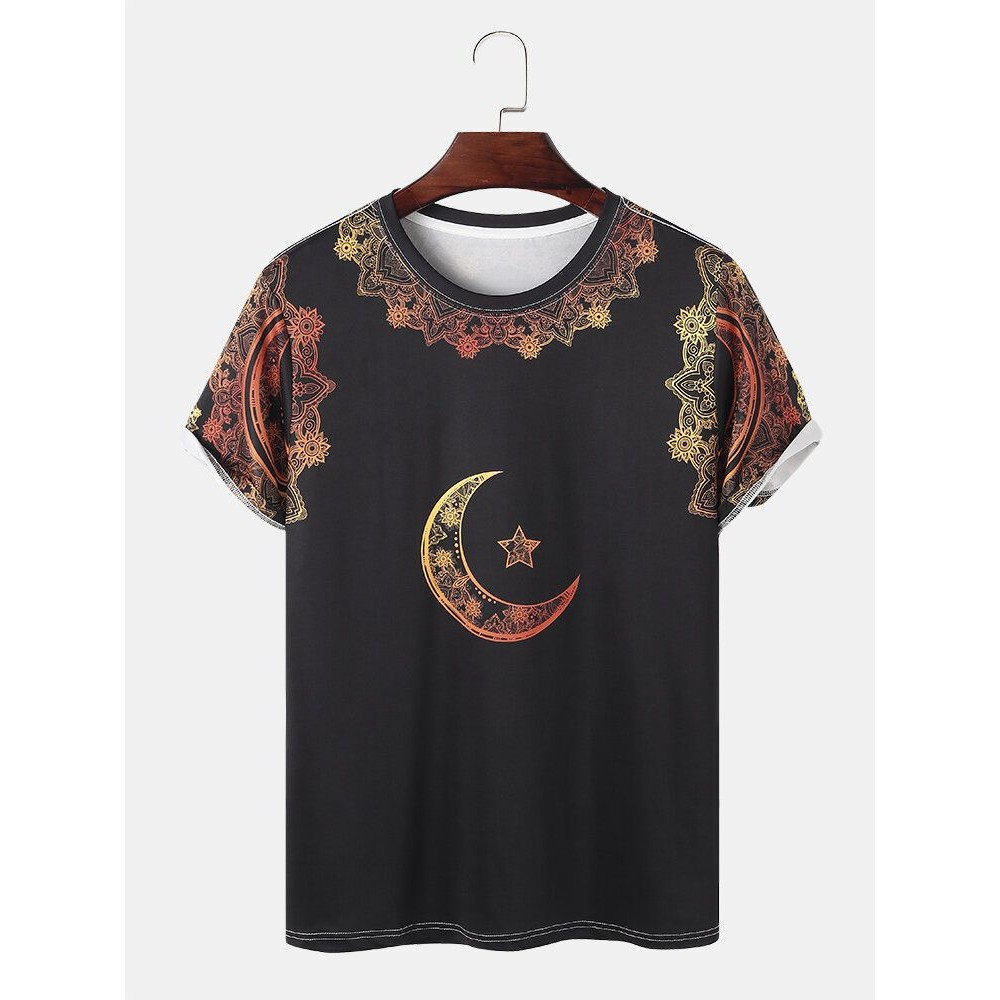 Mens Ombre Star & Moon Print Ethnic Style Short Sleeve T-Shirts Mens Ombre Star & Moon Print Ethnic Style Short Sleeve T-Shirts