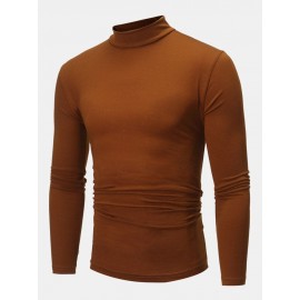 Mens Plain Pure Color Half Collar Cotton Basics Long Sleeve Bottoming T-Shirts