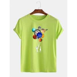 Mens Cotton Astronaut Colorful Planet Print O-Neck Casual Short Sleeve T-Shirts