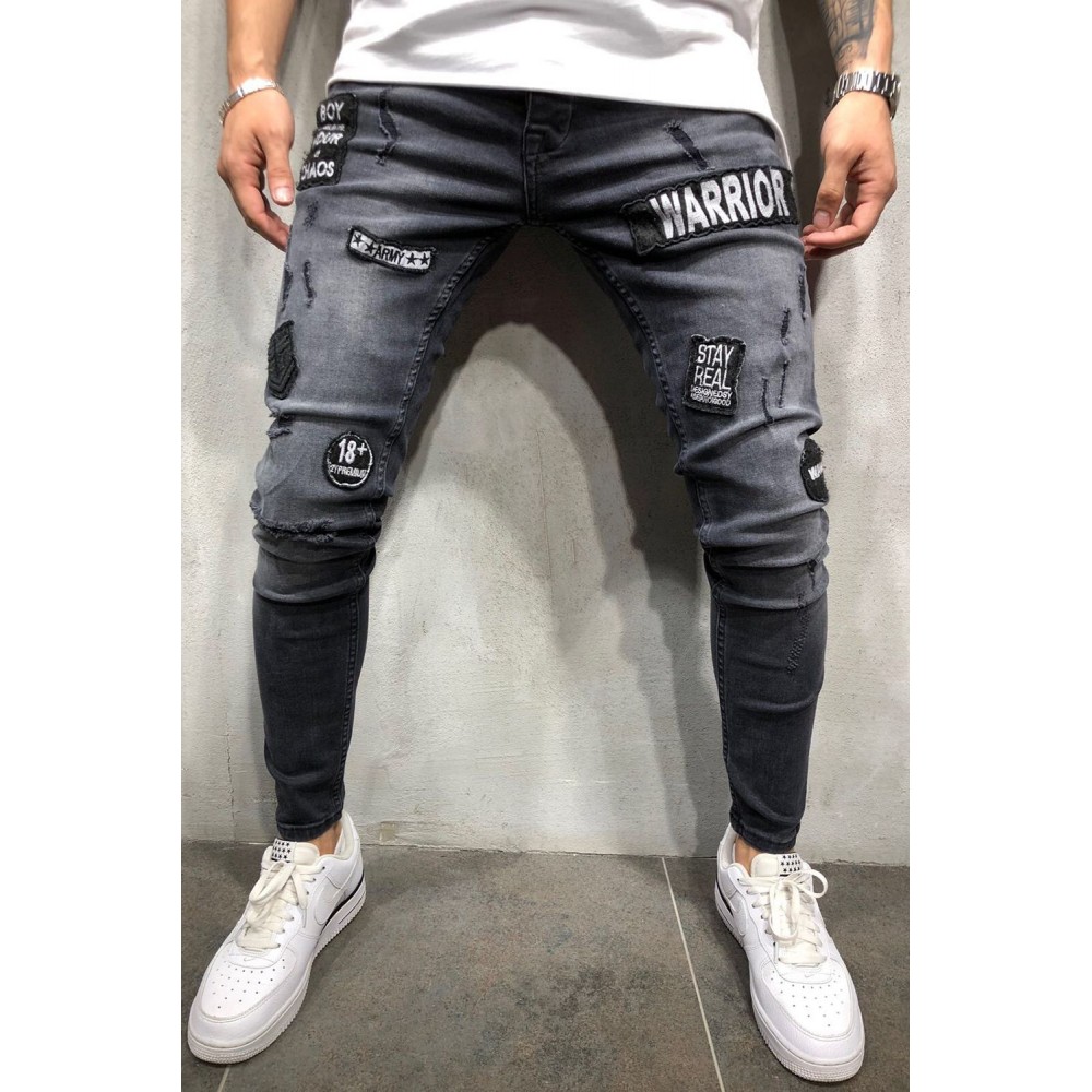 Men's Black Ripped Badge Applique Stiletto Jeans Men's Black Ripped Badge Applique Stiletto Jeans
