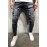 Men's Black Ripped Badge Applique Stiletto Jeans