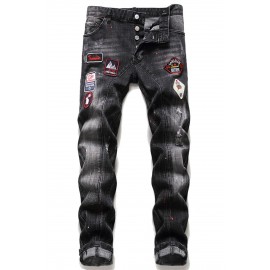 Men's Washed Pattern Patchwork Buttons Distressed Jeans