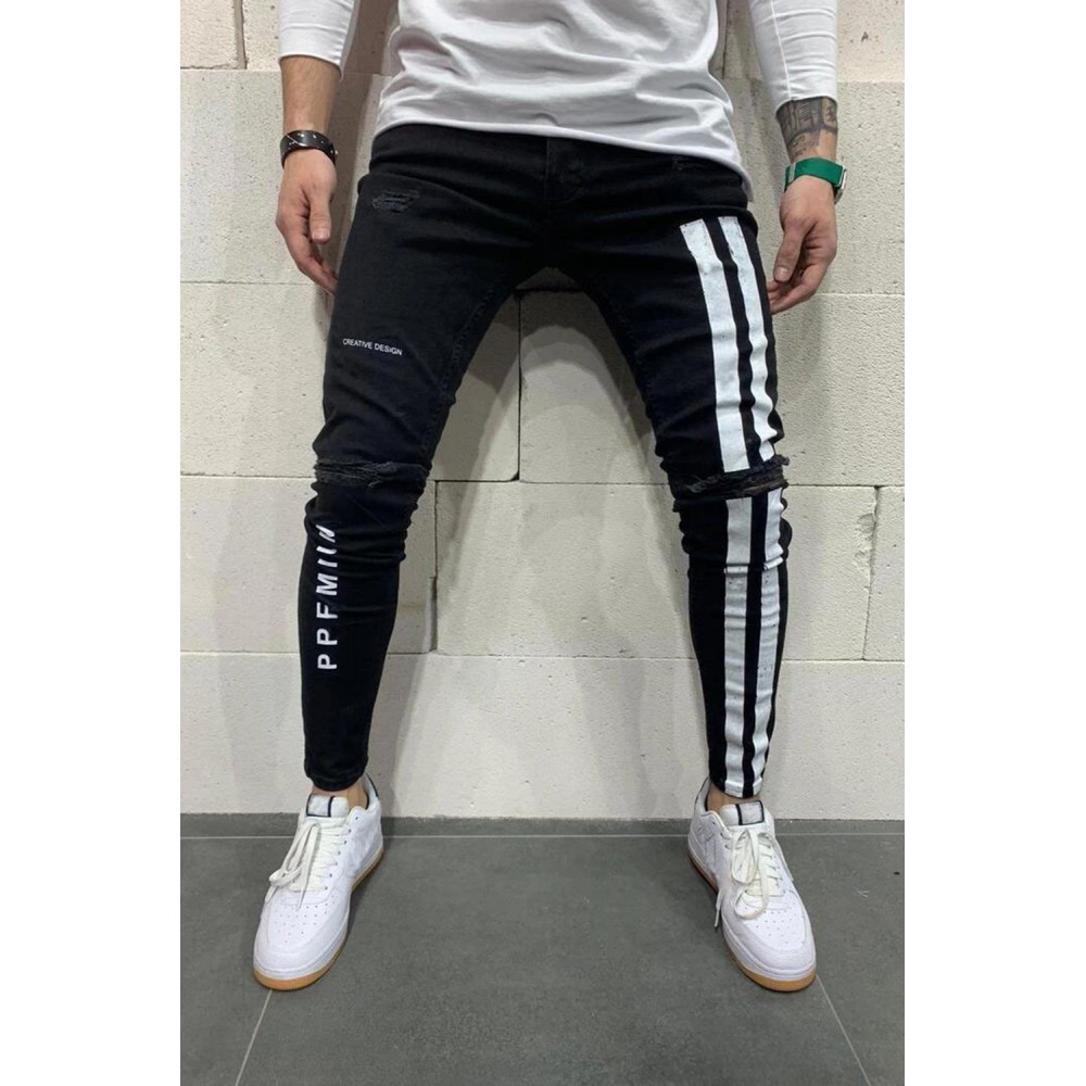Black Men's Letter Striped Ripped Slim-fit Jeans Black Men's Letter Striped Ripped Slim-fit Jeans