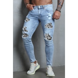 Sky Blue Soccer Printed Patchwork Distressed Men's Skinny Jeans