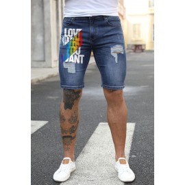 Blue Love Who You Want Print Men's Ripped Short Jeans