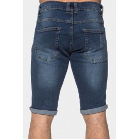 Blue Plaid Pattern Splicing Skinny Distressed Men's Denim Shorts