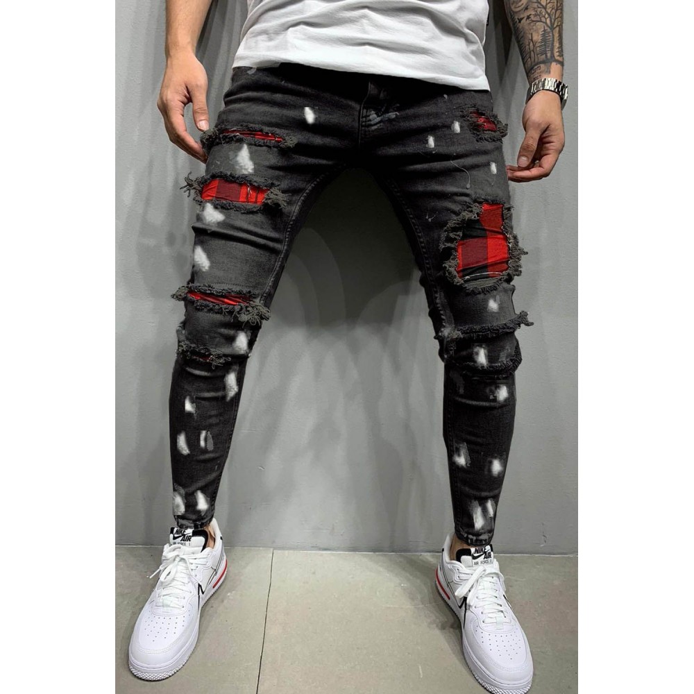 Black Plaid Patchwork Distressed Slim-fit Men's Jeans Black Plaid Patchwork Distressed Slim-fit Men's Jeans