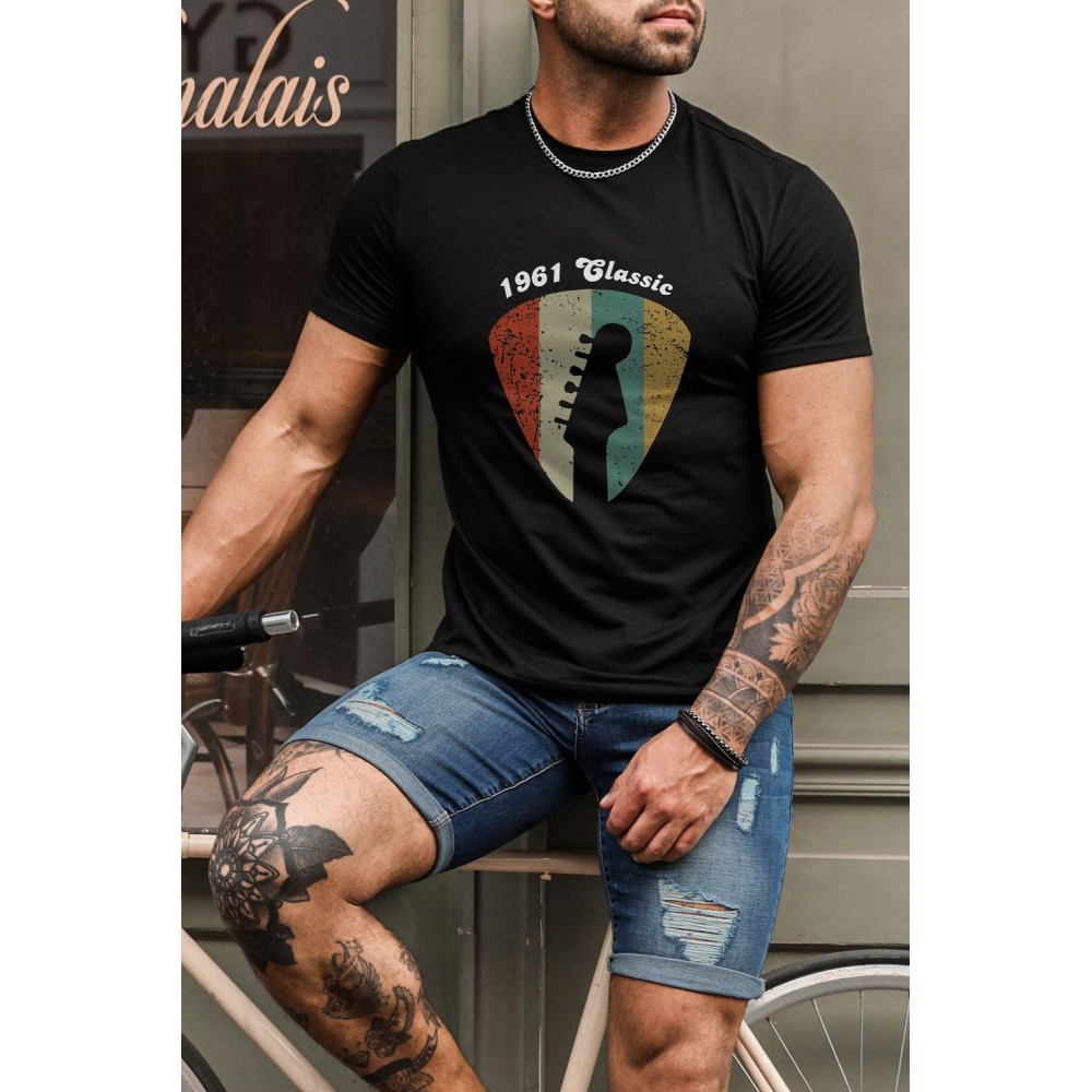Black 1961 Classic Striped Guitar Color Block Men's Graphic Tee Black 1961 Classic Striped Guitar Color Block Men's Graphic Tee