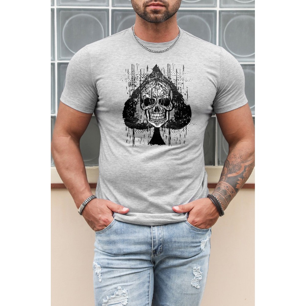 Gray Skull Spade Print Short Sleeve Men's Graphic Tee Gray Skull Spade Print Short Sleeve Men's Graphic Tee