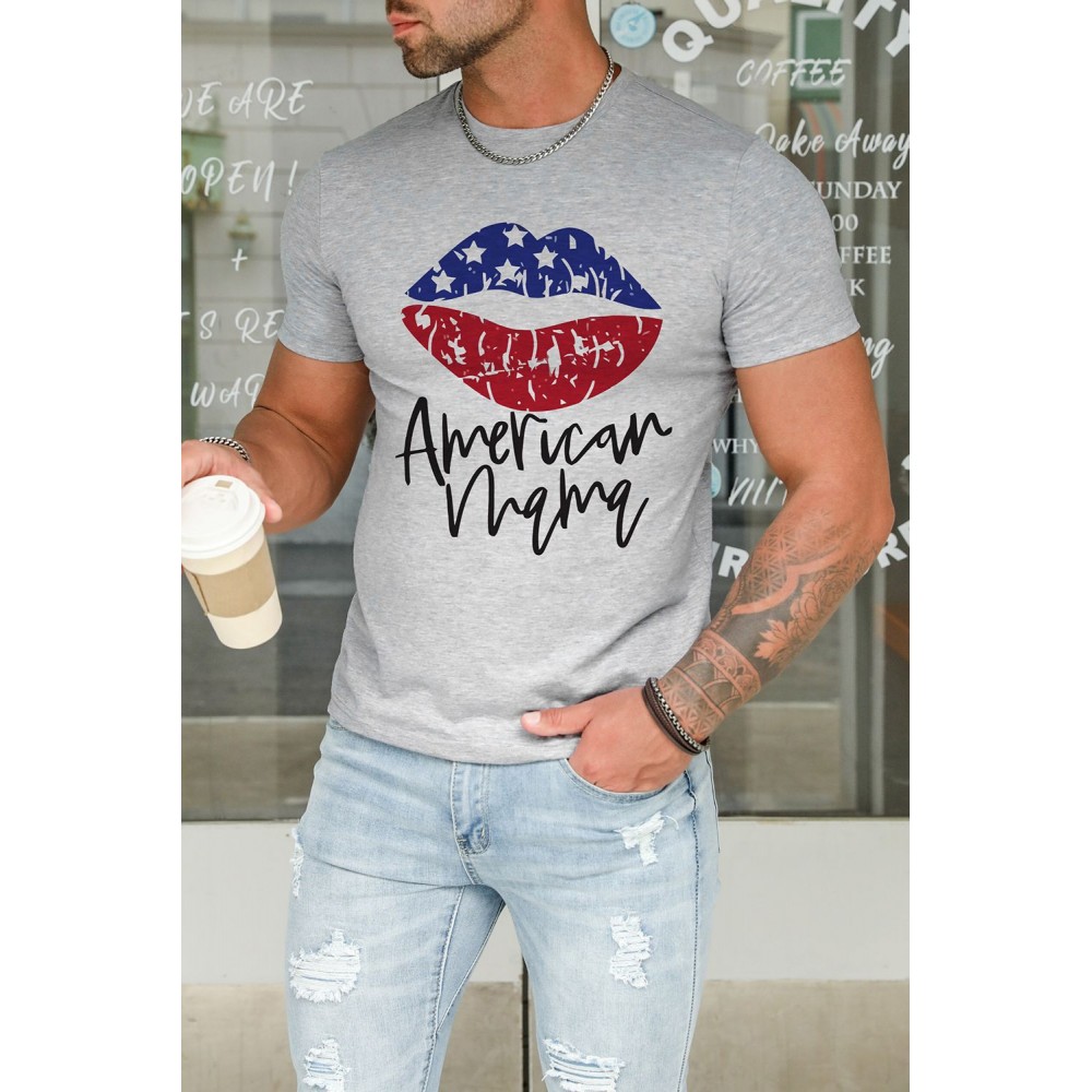 Gray America Mama Flag Lip Print Men's Graphic T-shirt Gray America Mama Flag Lip Print Men's Graphic T-shirt