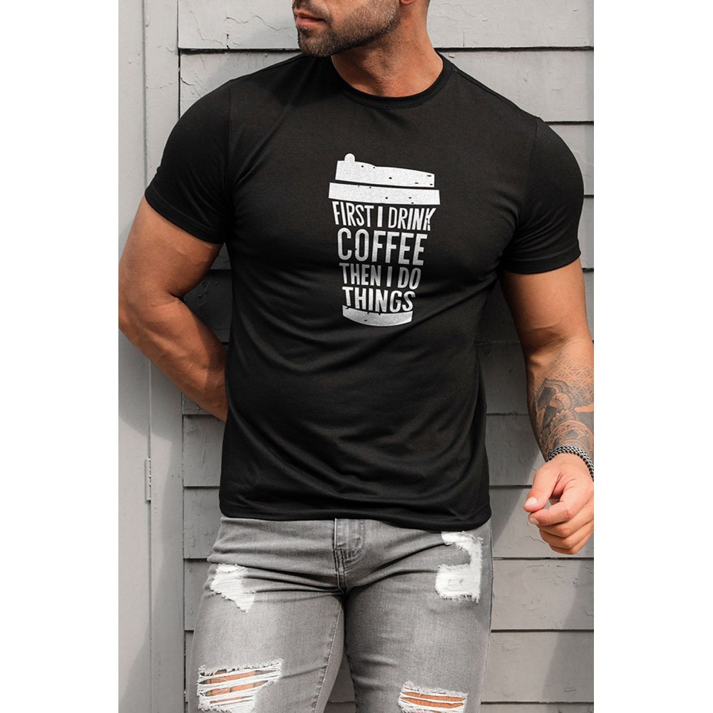 Black Men's Letter Coffee Cup Print Slim-fit Crewneck T Shirt Black Men's Letter Coffee Cup Print Slim-fit Crewneck T Shirt