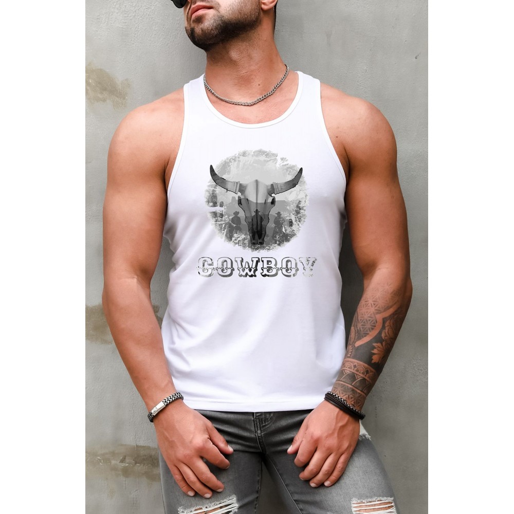White COWBOY Western Steer Head Print Men's Tank Top
