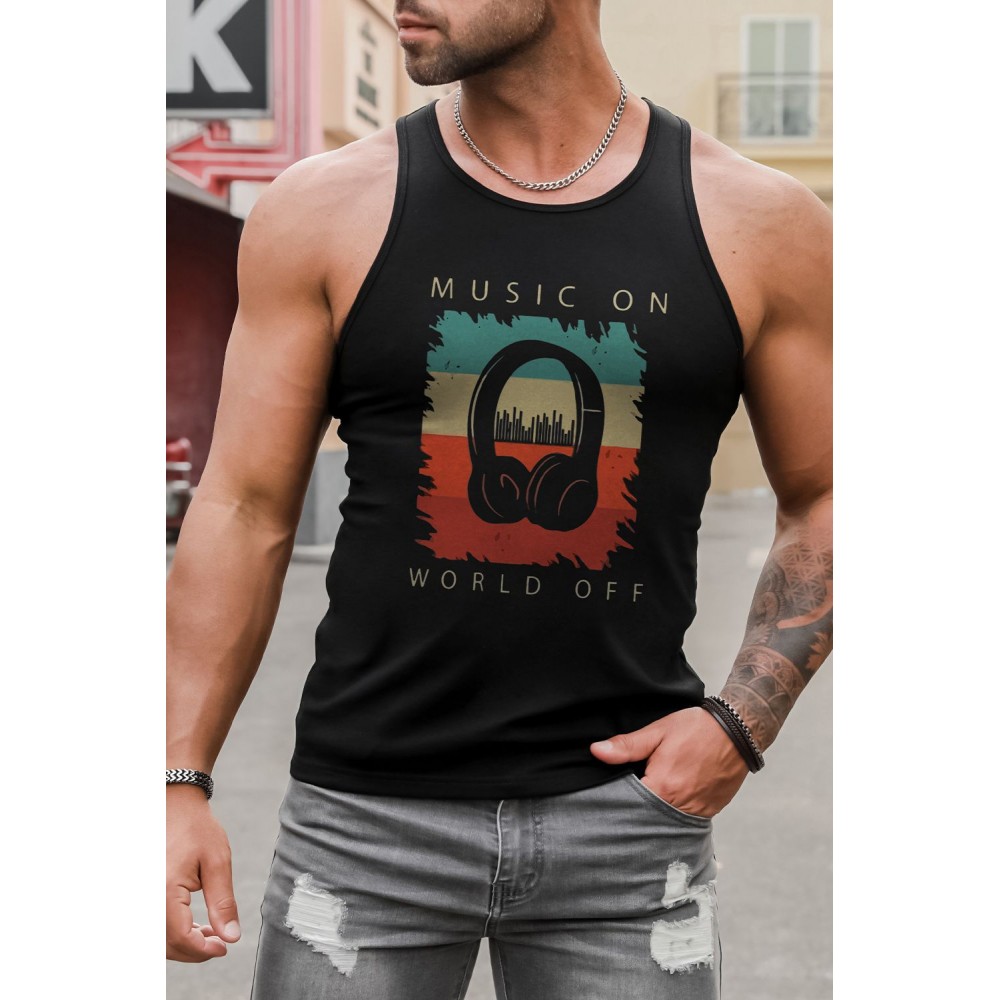 Black Music On World Off Headphone Print Men's Tank Top Black Music On World Off Headphone Print Men's Tank Top