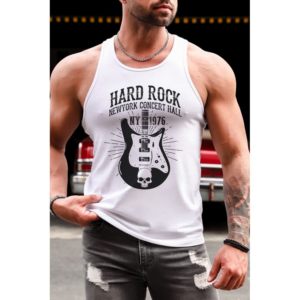 White Hard Rock Guitar Print Slim-fit Men's Tank Top White Hard Rock Guitar Print Slim-fit Men's Tank Top