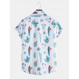 Mens All Over Cactus Pattern Lapel Short Sleeve White Shirt