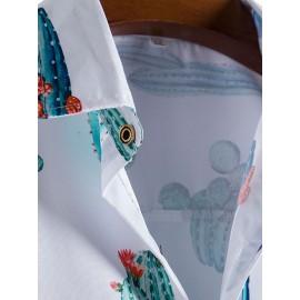 Mens All Over Cactus Pattern Lapel Short Sleeve White Shirt