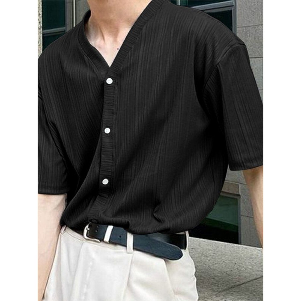 Mens Striped Texture V-Neck Short Sleeved Shirt Mens Striped Texture V-Neck Short Sleeved Shirt