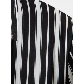 Mens Black Stripe Print Button Up Short Sleeve Lapel Casual Shirt