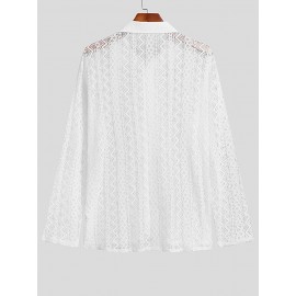 Mens See-Through Lace Crochet Ruffle Front Shirt