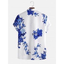Mens Chinese Style Porcelain Floral Printed Short Sleeve Turn Down Collar Casual Shirt