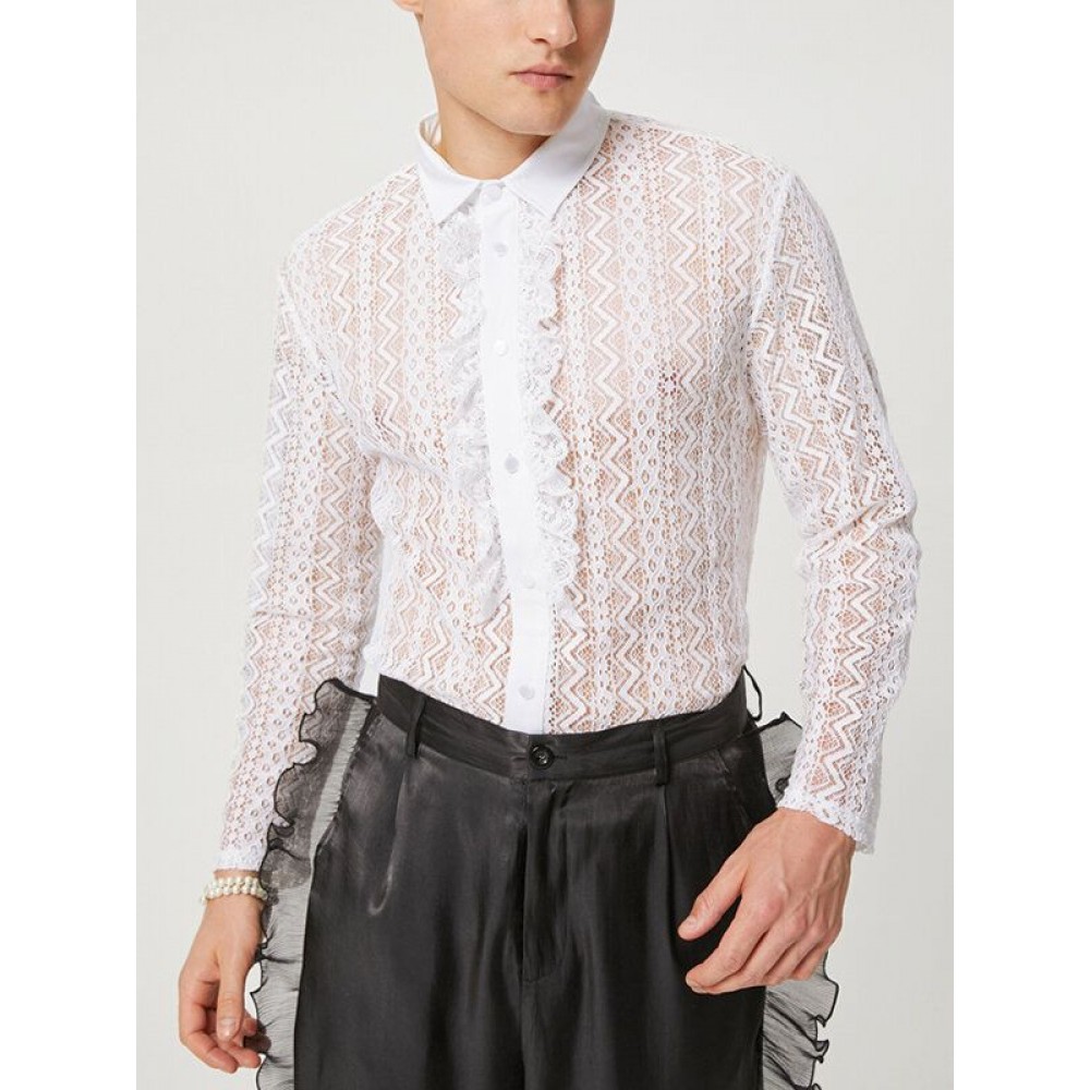 Mens See-Through Lace Crochet Ruffle Front Shirt Mens See-Through Lace Crochet Ruffle Front Shirt